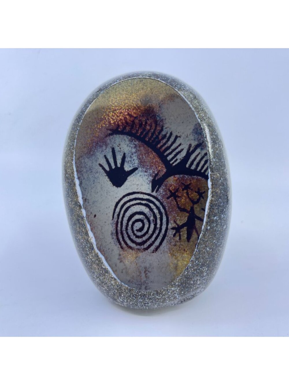 vintage hand sculpted paperweight with petroglyph by rick satava 1991 signed
